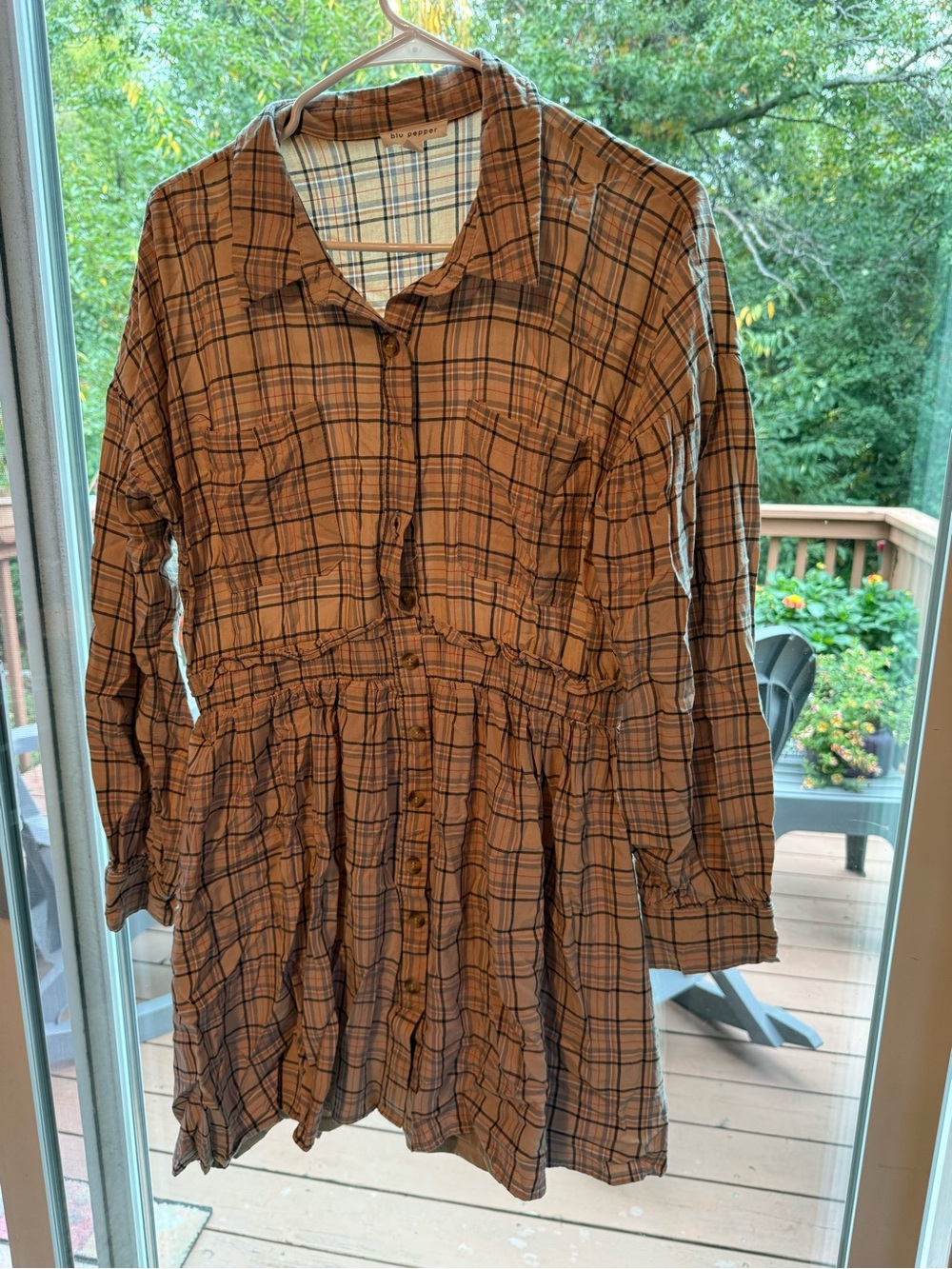 Blu Pepper Plaid Button-Front Dress in Tan